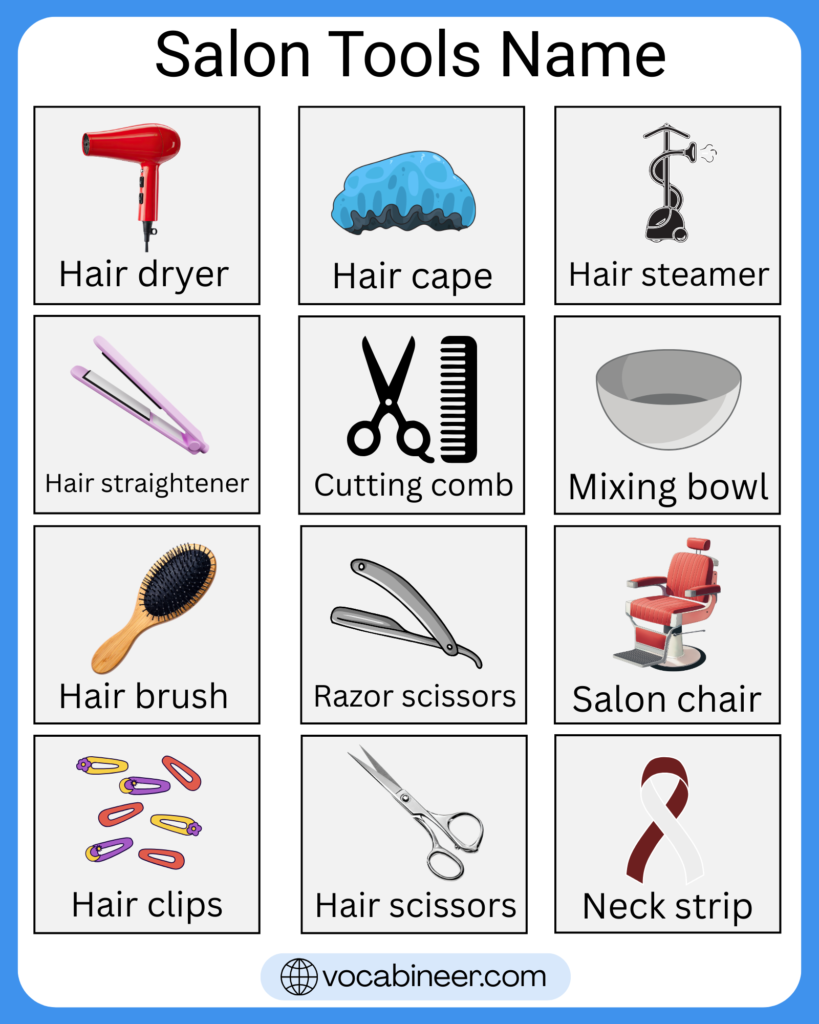 Complete list of hair salon equipment names with pictures showing salon chair, mirror, shampoo station, hair dryer, scissors, clippers, trolley, and other salon tools