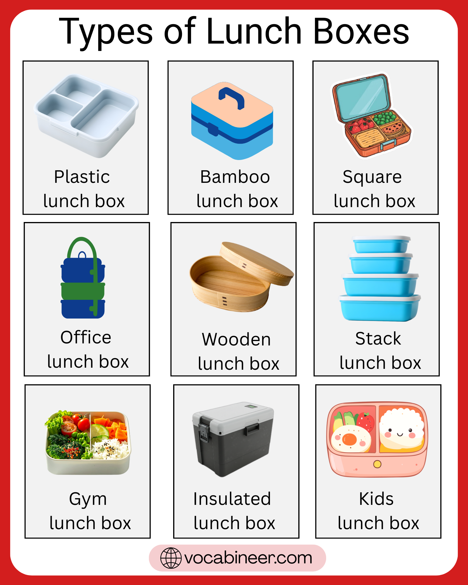 Different types of lunch boxes with names uses and pictures showing bento box, compartment lunch box, stackable lunch box, lunch jar, and insulated lunch box