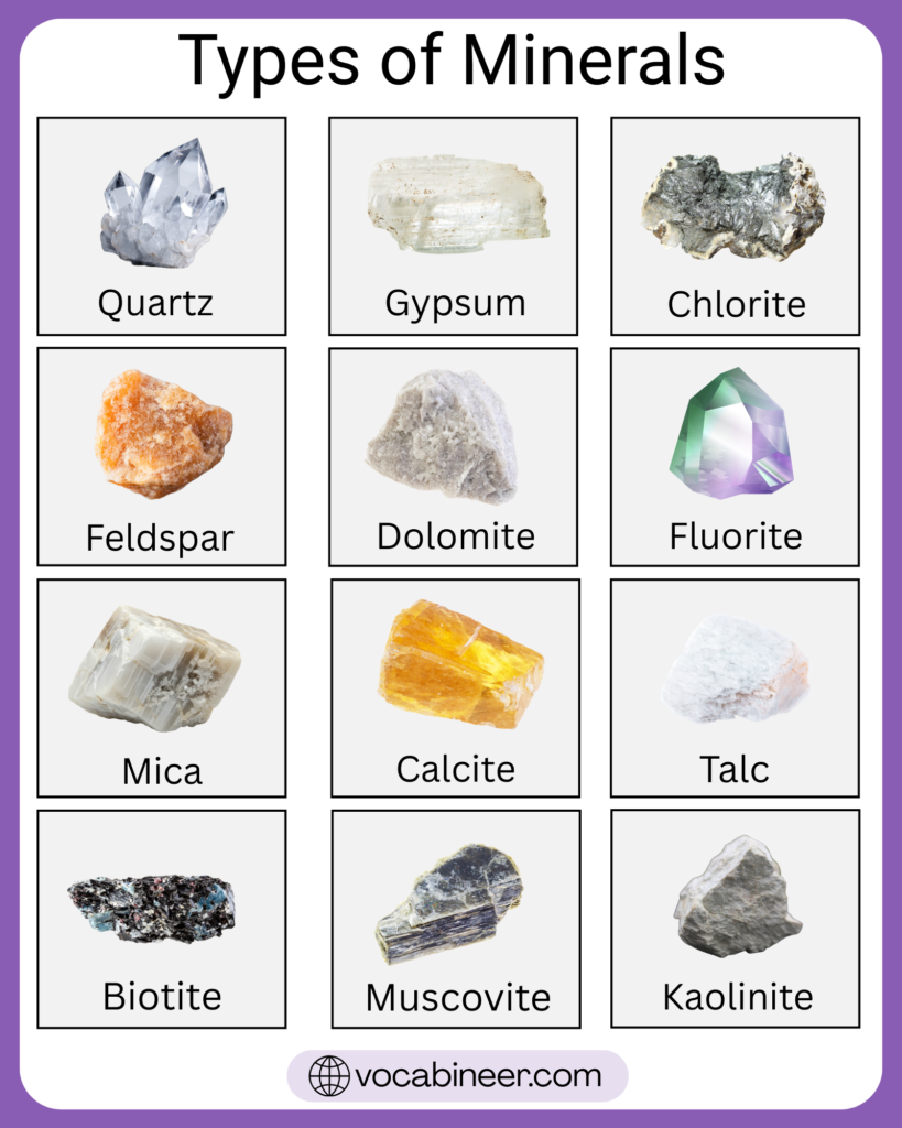 Different types of minerals with names and pictures showing silicate minerals, carbonate minerals, oxide minerals, sulfate minerals, halide minerals, phosphate minerals, sulfide minerals, and native element minerals