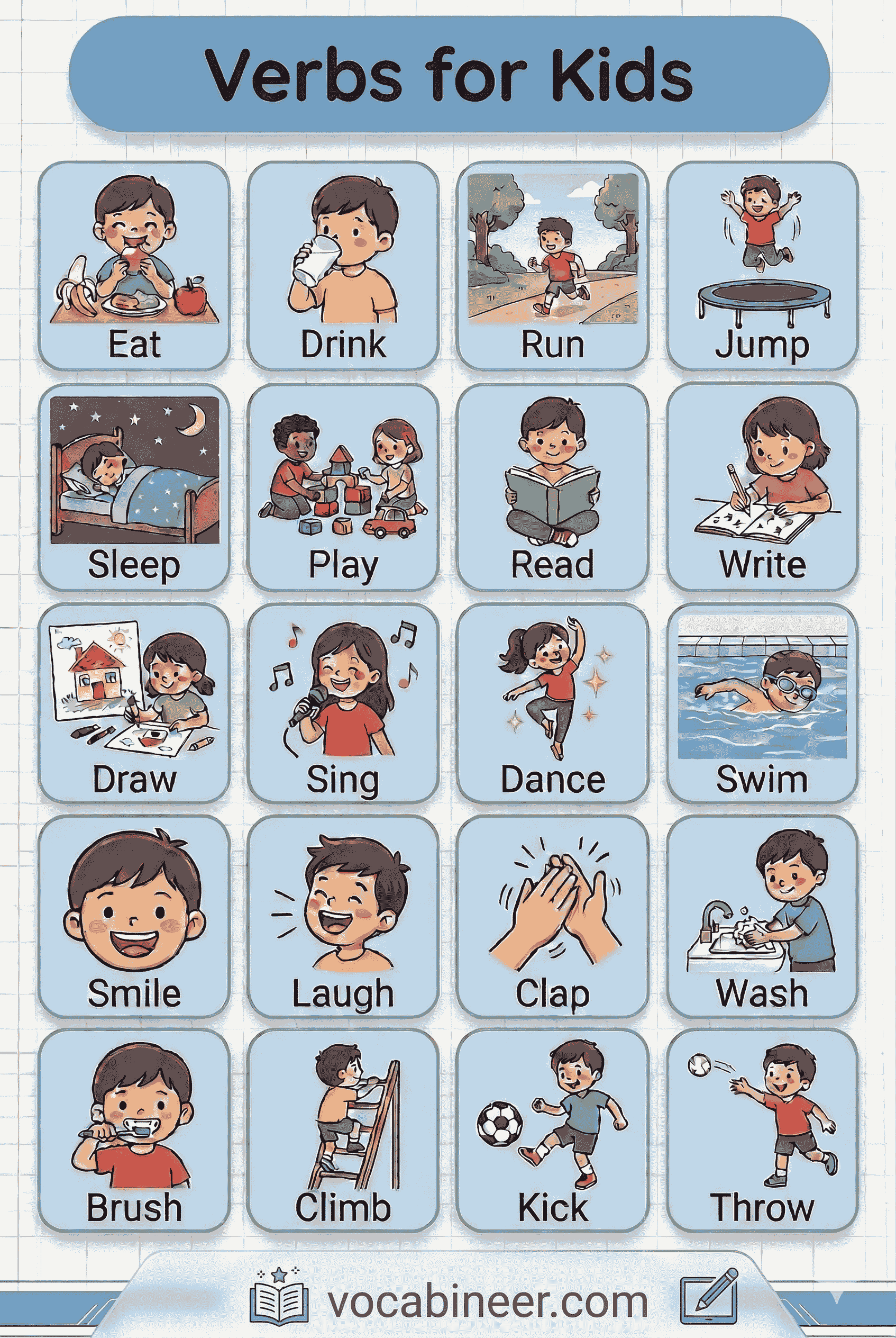 Easy verbs for kids in English with pictures for beginner learning