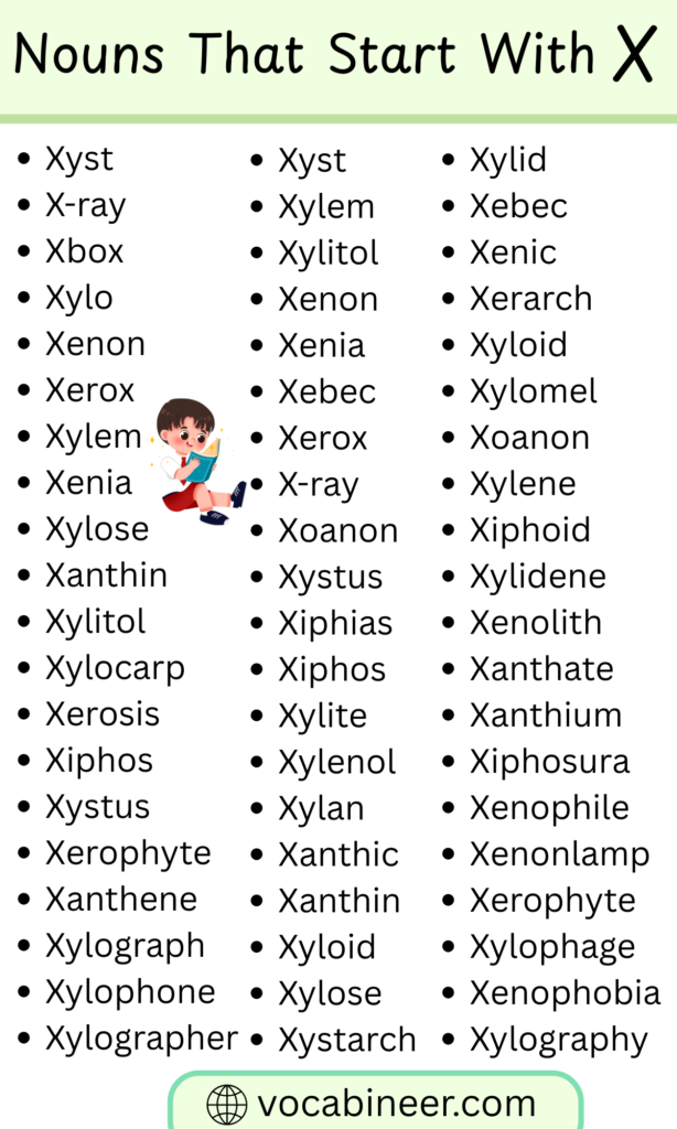 English Nouns Beginning With X full word list chart including scientific and technical terms