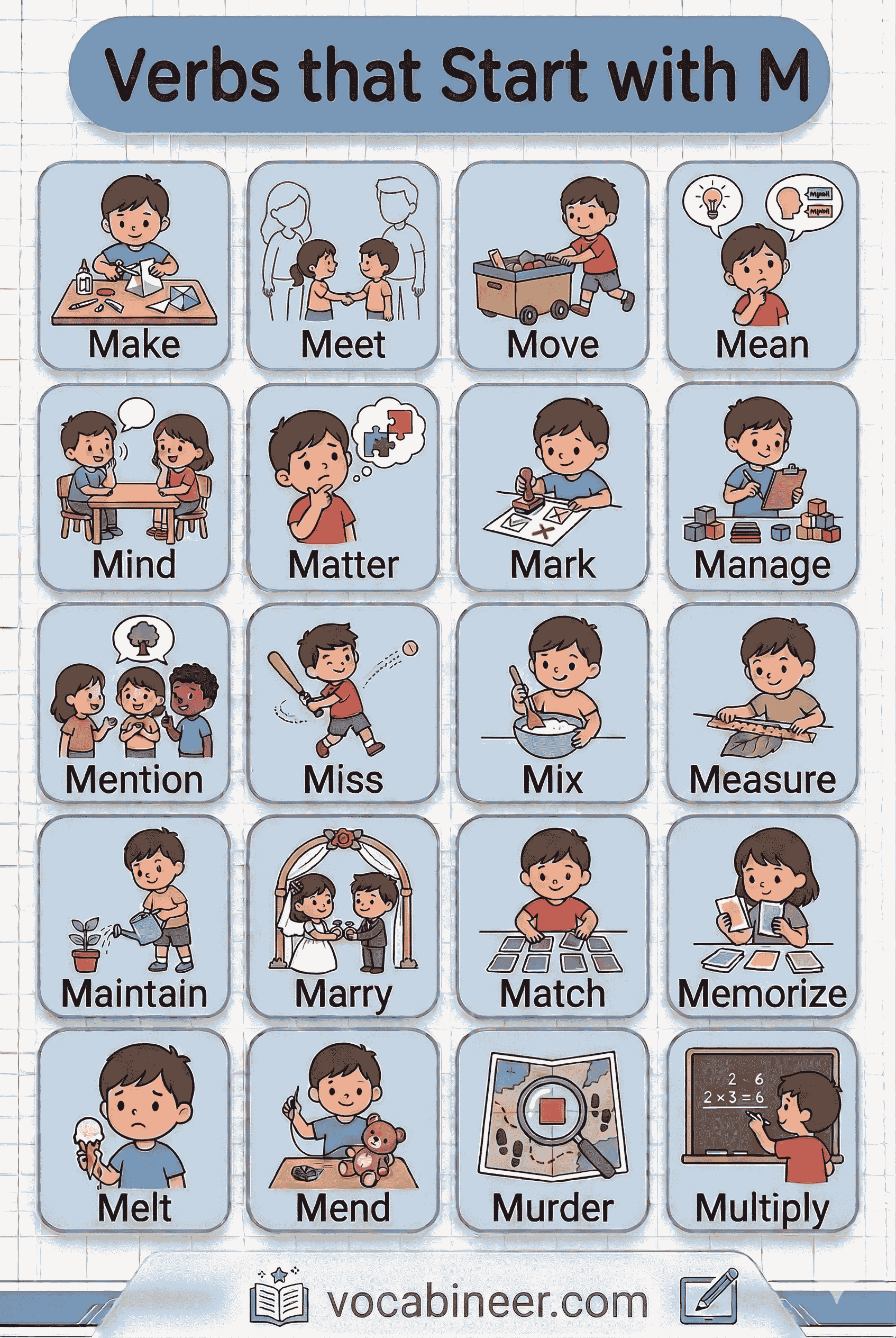 Verbs that start with M in a full list with meanings and examples