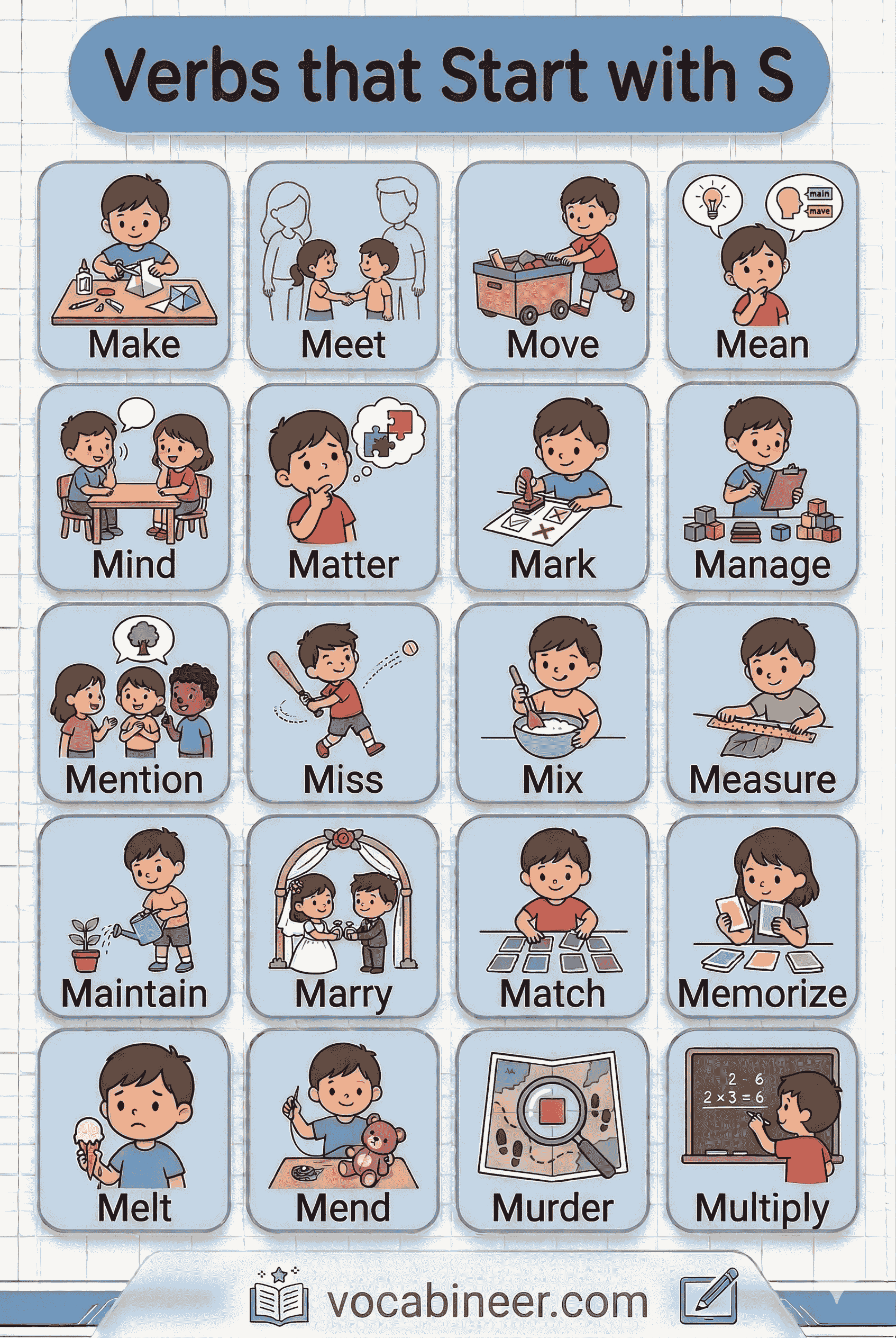 Verbs that start with M in a full list with meanings and examples