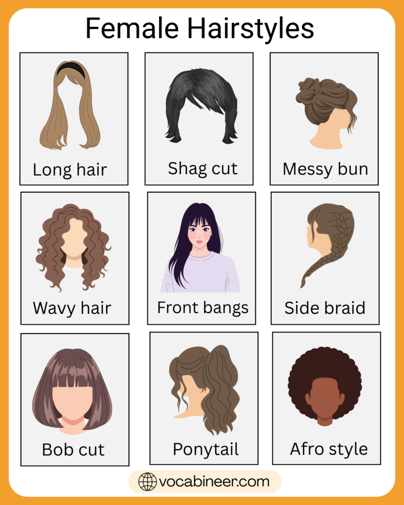 Hairstyles for women complete list with names and pictures including bob, lob, pixie cut, layered hair, bangs, curly, wavy, and straight styles