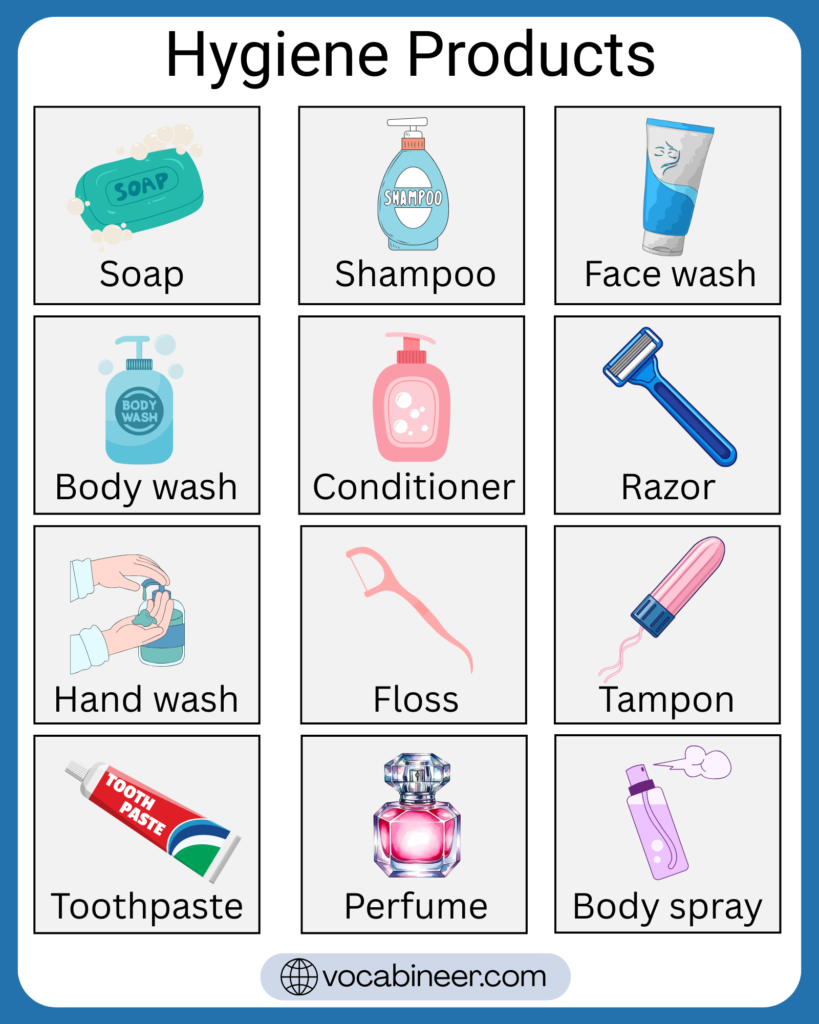 Hygiene products names in English with pictures showing toothbrush, toothpaste, soap, shampoo, deodorant, sanitizer, face wash, and other daily hygiene items
