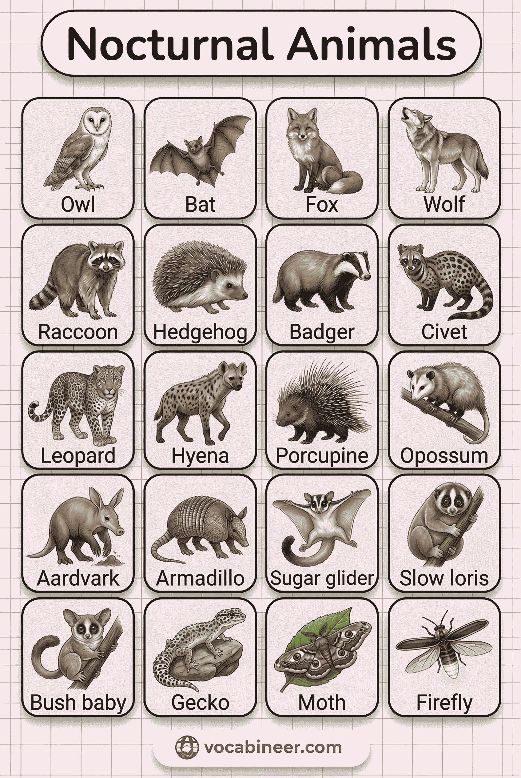 Nocturnal Animals Names in English With Pictures including owl, bat, raccoon, fox, hedgehog, frog, gecko, and moth