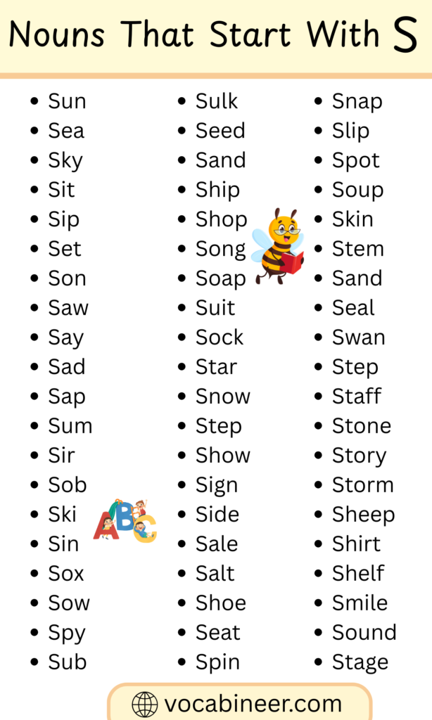 Complete list of nouns starting with S in English including common, academic, concrete and abstract words
