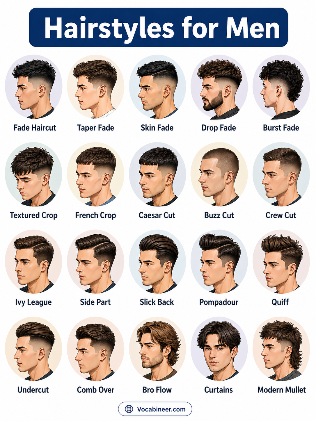 Popular men’s haircut names with pictures, including buzz cut, crew cut, French crop, fade, taper, side part, quiff, pompadour, undercut, and mullet.