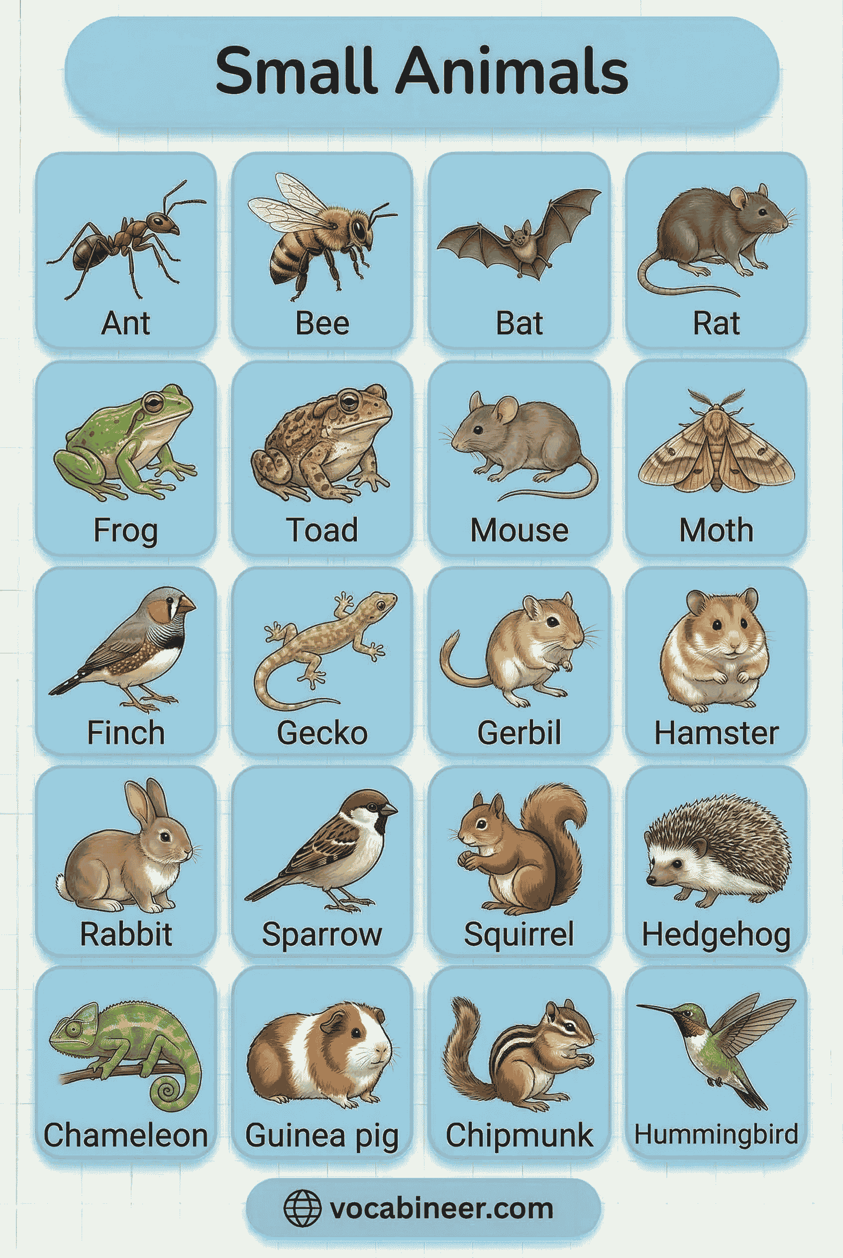 Small Animals Names in English With Pictures including rabbit, hamster, mouse, squirrel, sparrow, frog, butterfly, and goldfish