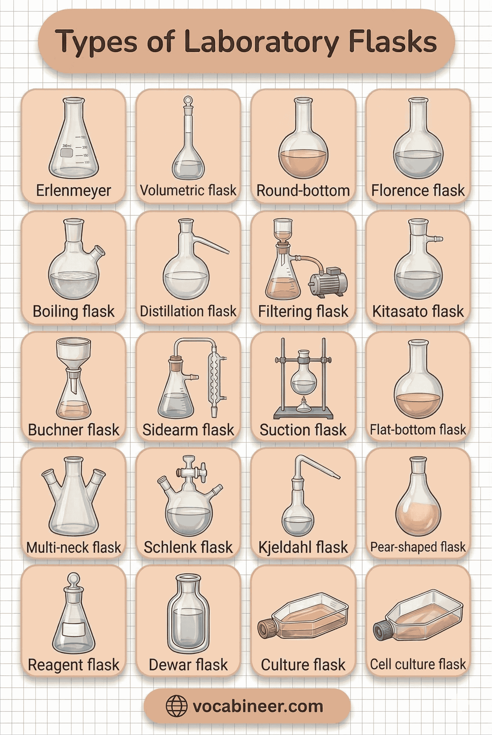 ypes of laboratory flasks with names, uses and pictures including Erlenmeyer, volumetric, round-bottom, Florence, distillation, filtering, Kitasato, Schlenk, multi-neck, and flat-bottom flasks