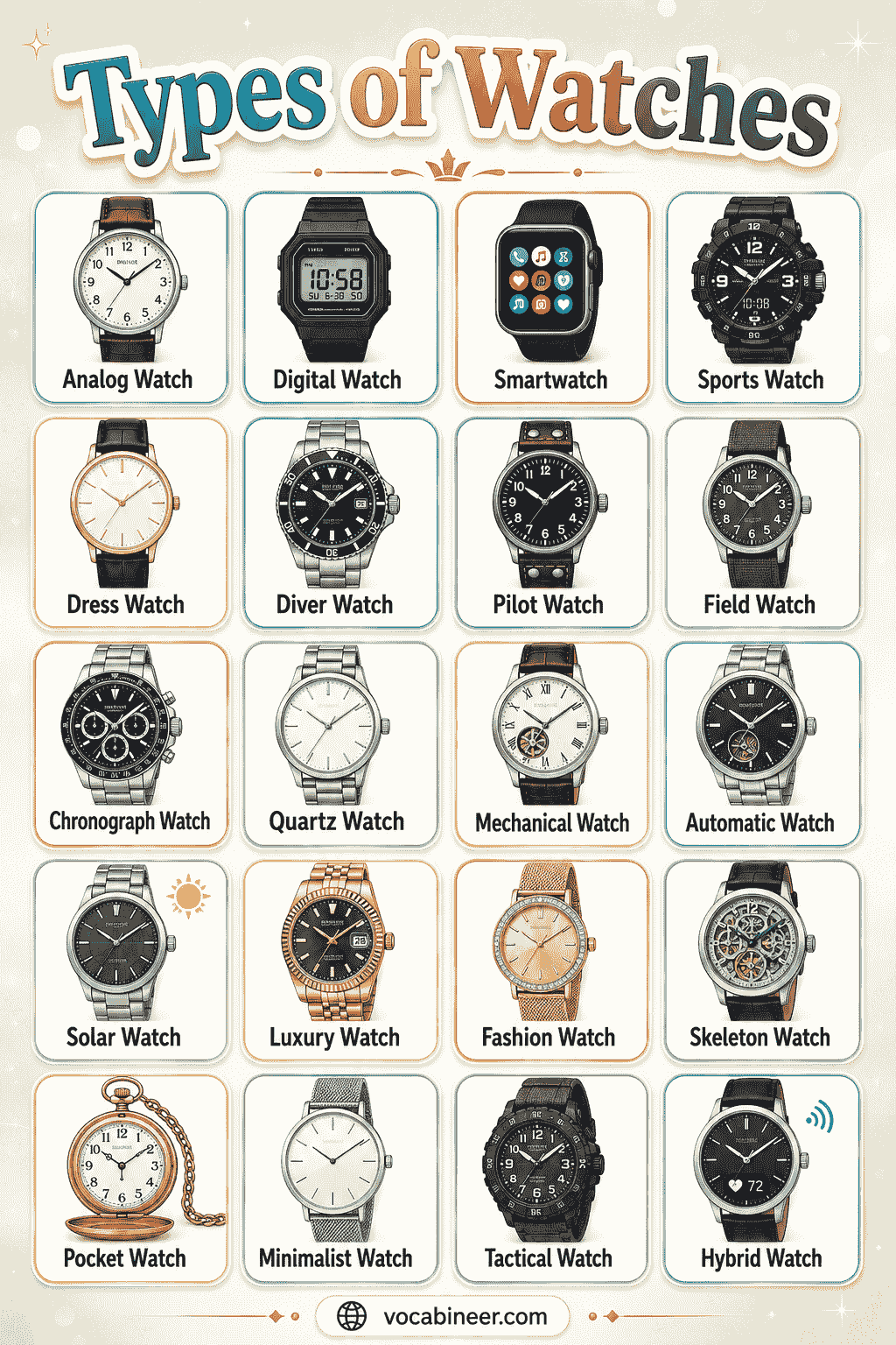 A clear visual guide showing common types of watches with pictures and names for easy learning.