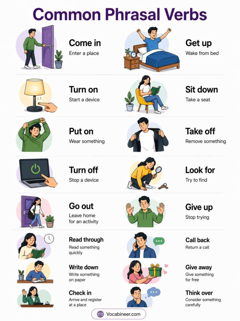 100 Common Phrasal Verbs in English with Meanings and Examples