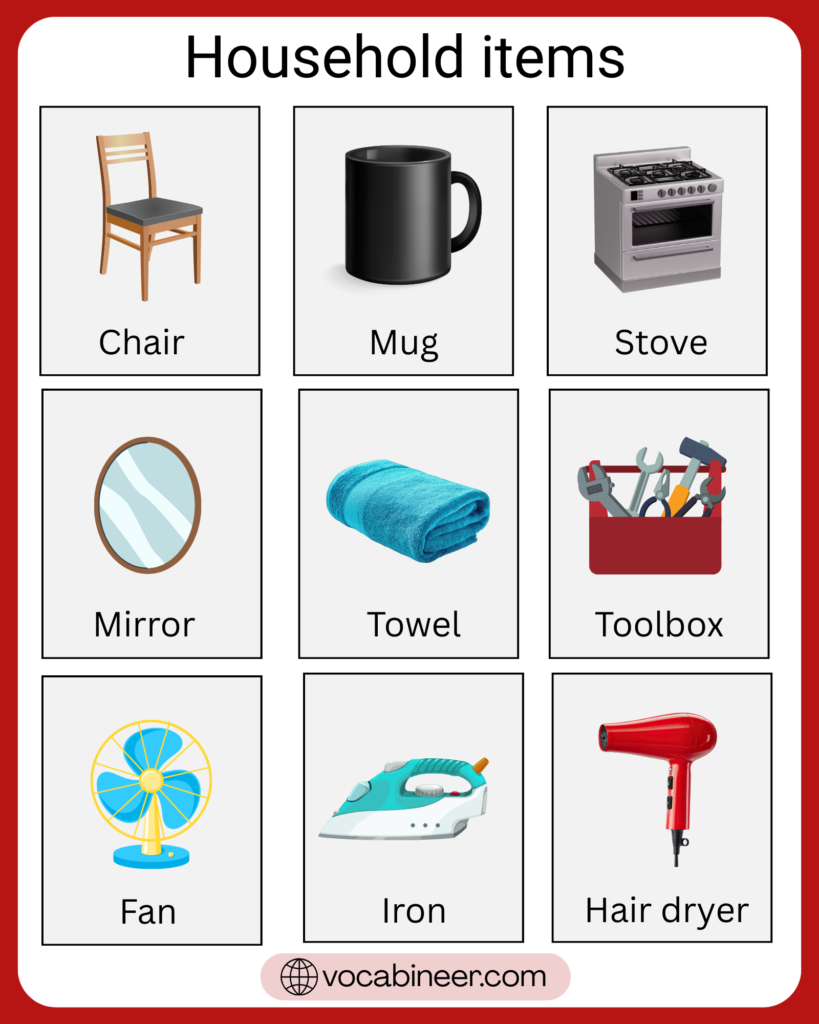 Household items names list with pictures showing common home objects such as chair, table, bed, sofa, lamp, broom, bucket, cup, plate, and washing machine
