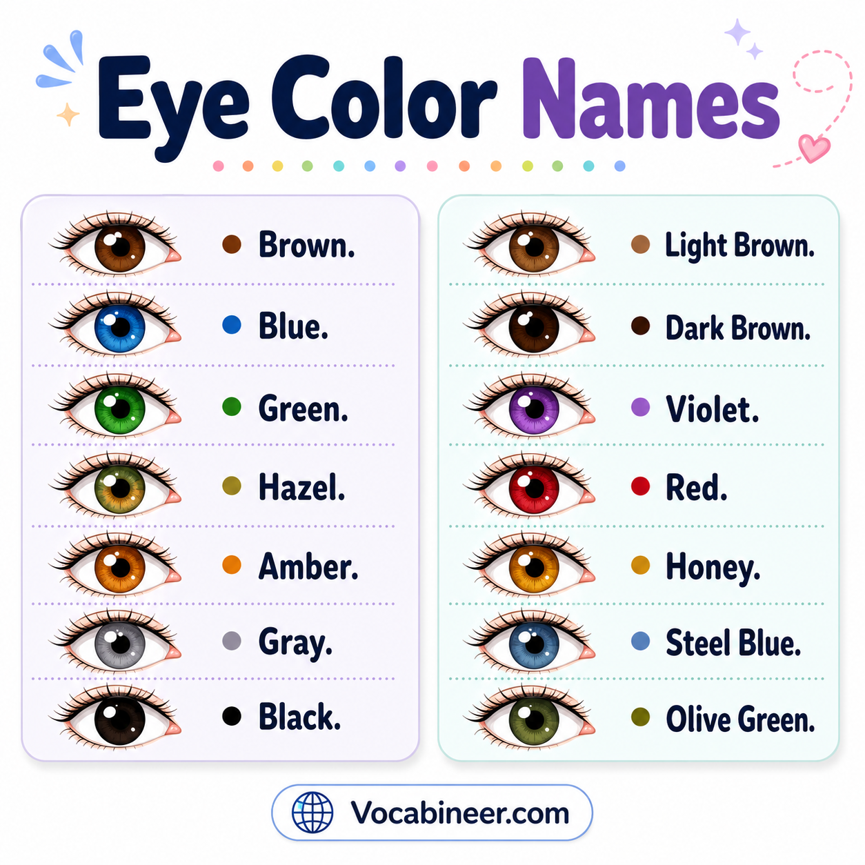 50 eye color names in English with pictures showing common, rare, and mixed eye shades.