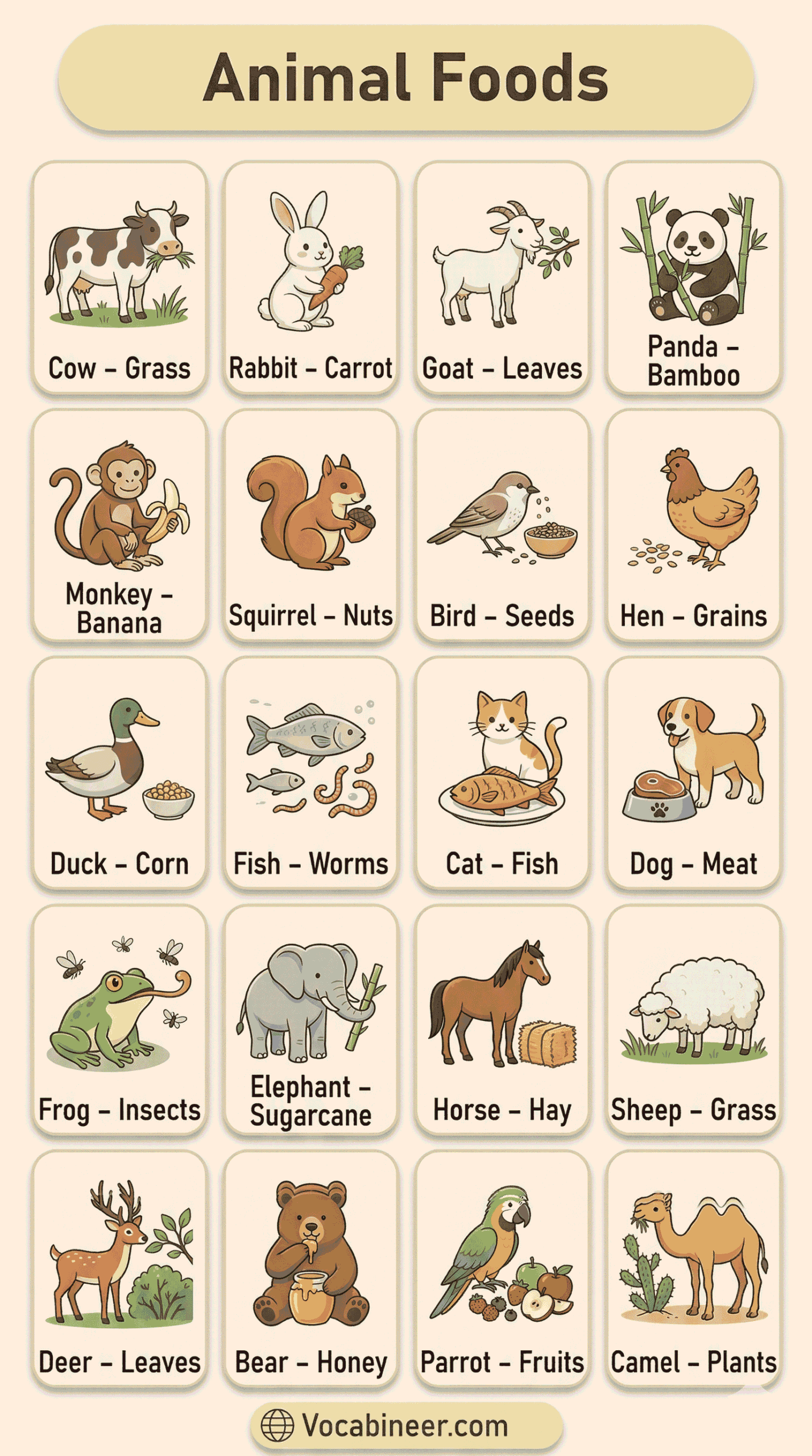 Complete list of 100 animals and their food with their pictures showing pet animals, farm animals, birds, wild animals, plant foods, and protein foods