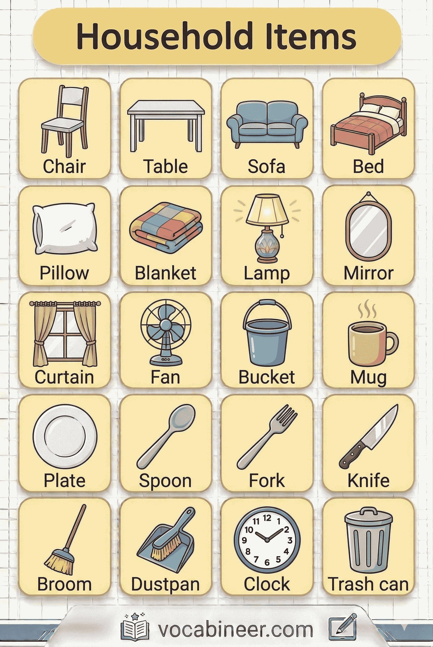 Common household things names in English with pictures showing chair, table, sofa, bed, lamp, broom, bucket, cup, plate, towel, mirror, and trash bin