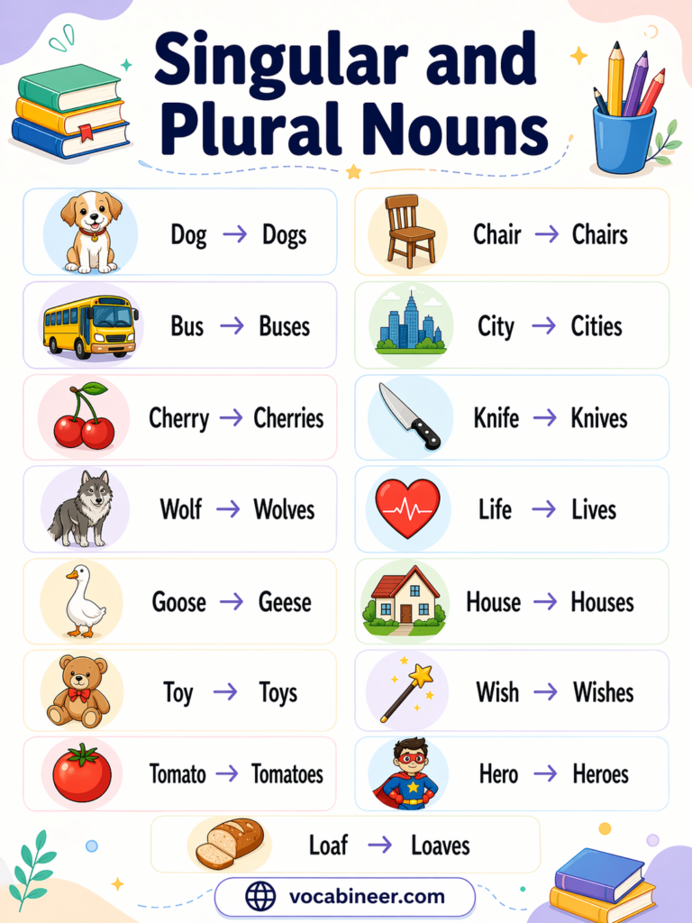 common singular and plural nouns examples in English for students and English learners