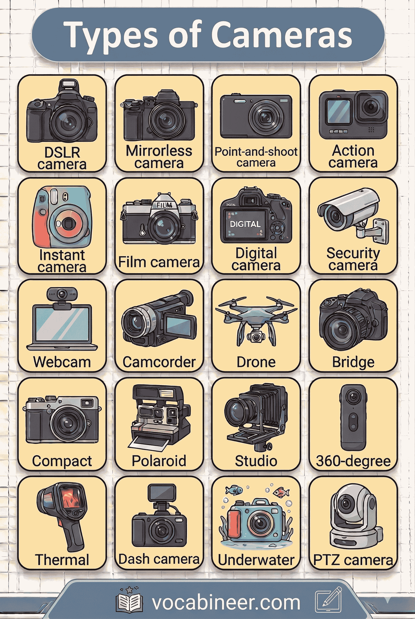 Complete list of camera types with pictures and names showing common cameras for photography, travel, action, instant prints, and video recording