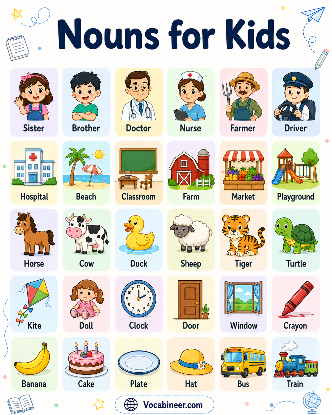 Examples of nouns for kids in English with pictures, showing easy words like girl, school, dog, book, park, cat, teacher, and ball