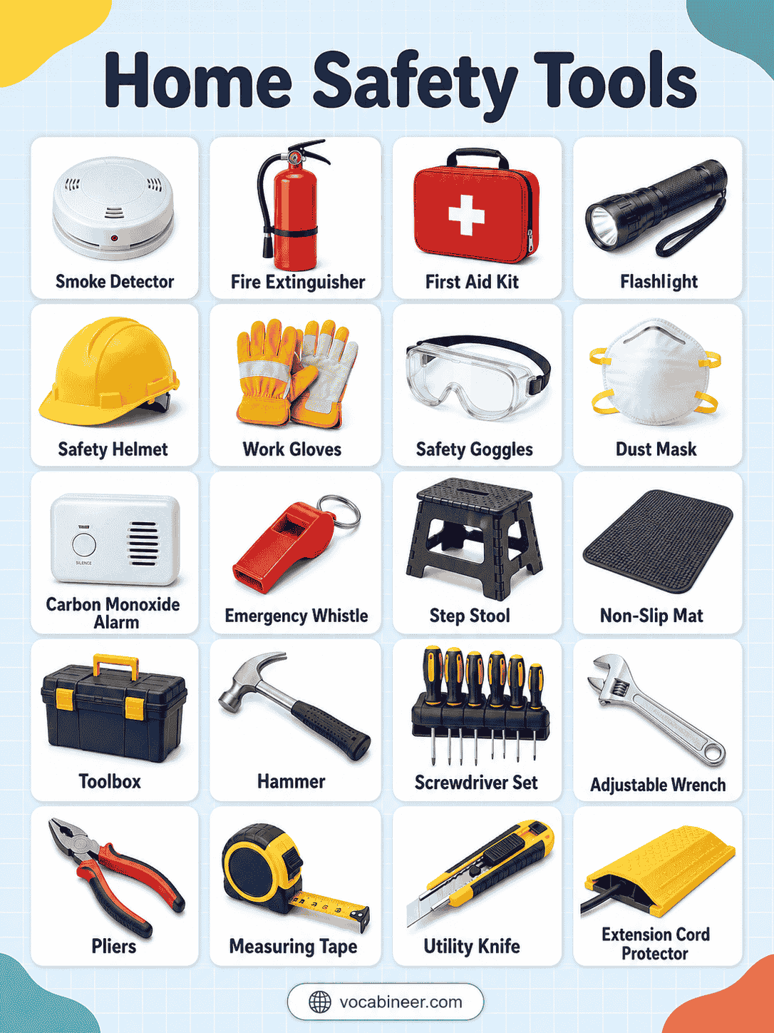 Home Safety Tools Names in English: List with Pictures