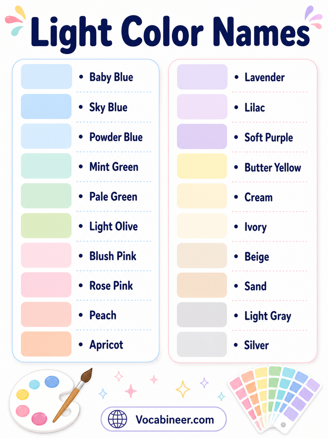Light color names showing 70 soft shades with pictures, including cream, baby pink, sky blue, mint green, lavender, and light gray.