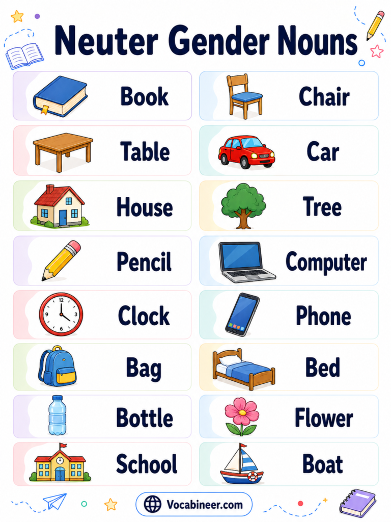 Neuter gender nouns in English with examples, featuring common nouns like book, table, car, house, and computer