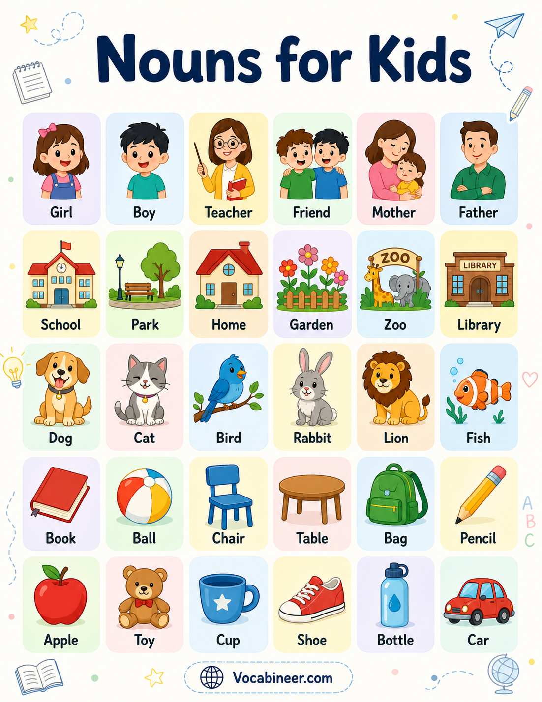 Nouns for kids in English with examples, featuring easy words like girl, school, dog, book, park, cat, ball, and teacher