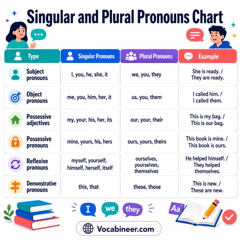 Singular and plural pronouns chart with examples in English for beginners.