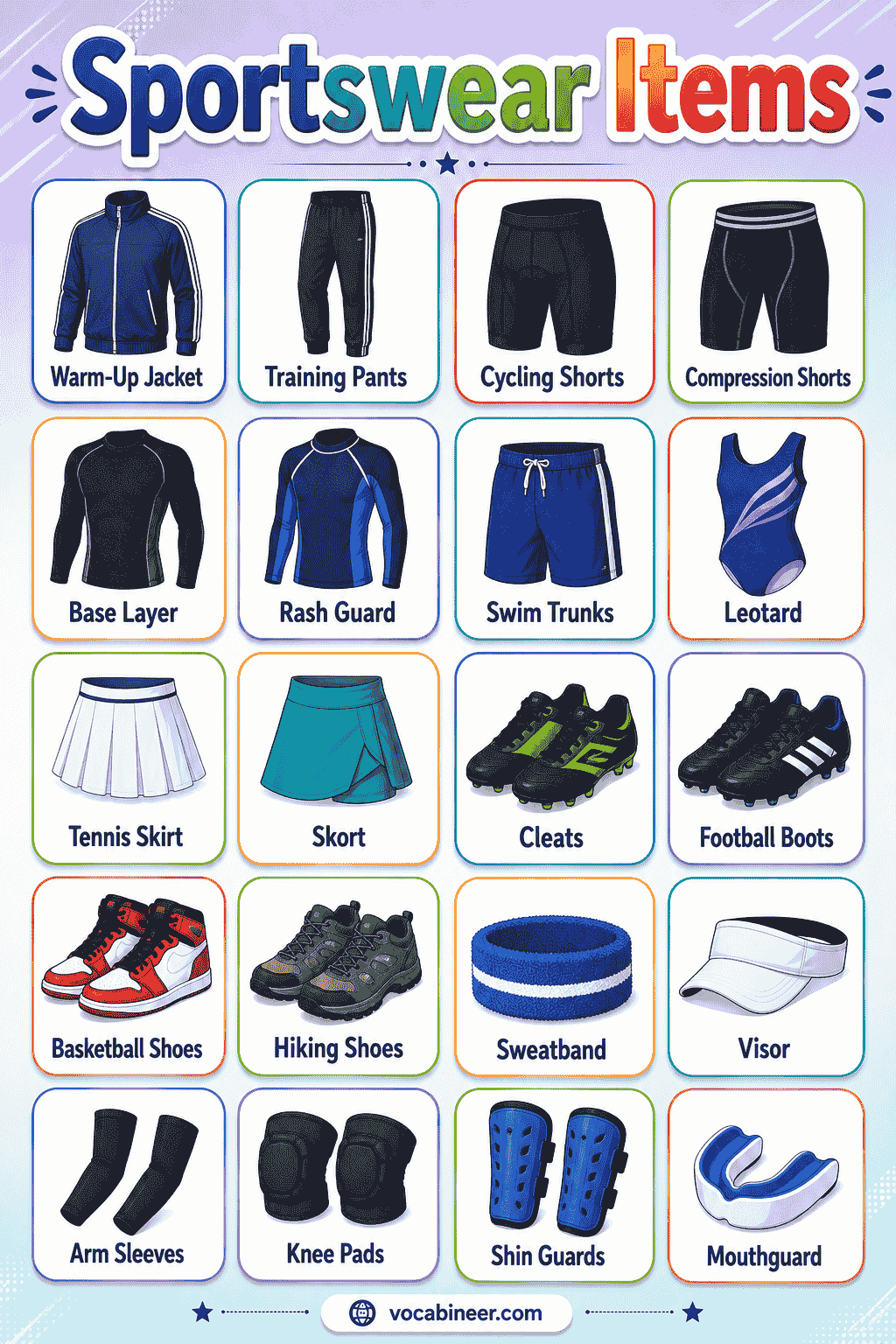 A visual sports clothing chart showing sportswear items, fitness clothes, workout outfits, and activewear names with simple picture examples.