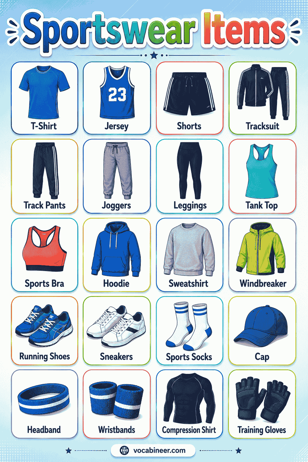 A visual sportswear vocabulary chart showing common sportswear items in English, including tracksuit, jersey, shorts, leggings, sneakers, hoodie, and sports bra.