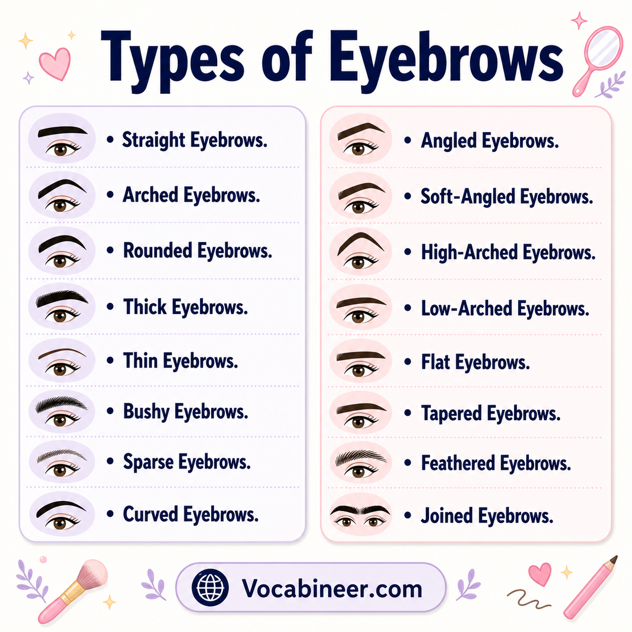 Types of eyebrows showing 18 brow shapes with names and pictures, including arched, straight, rounded, thin, thick, bushy, fluffy, and natural brows.