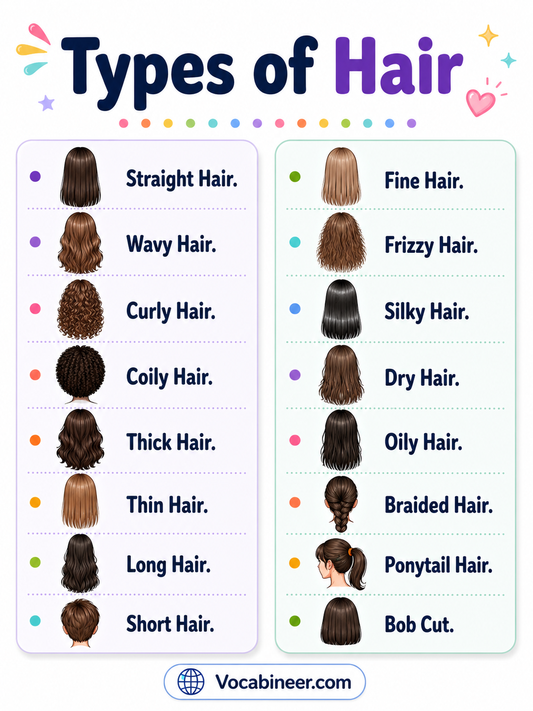 Different types of hair showing 12 hair patterns with pictures, including straight, wavy, curly, and coily hair.