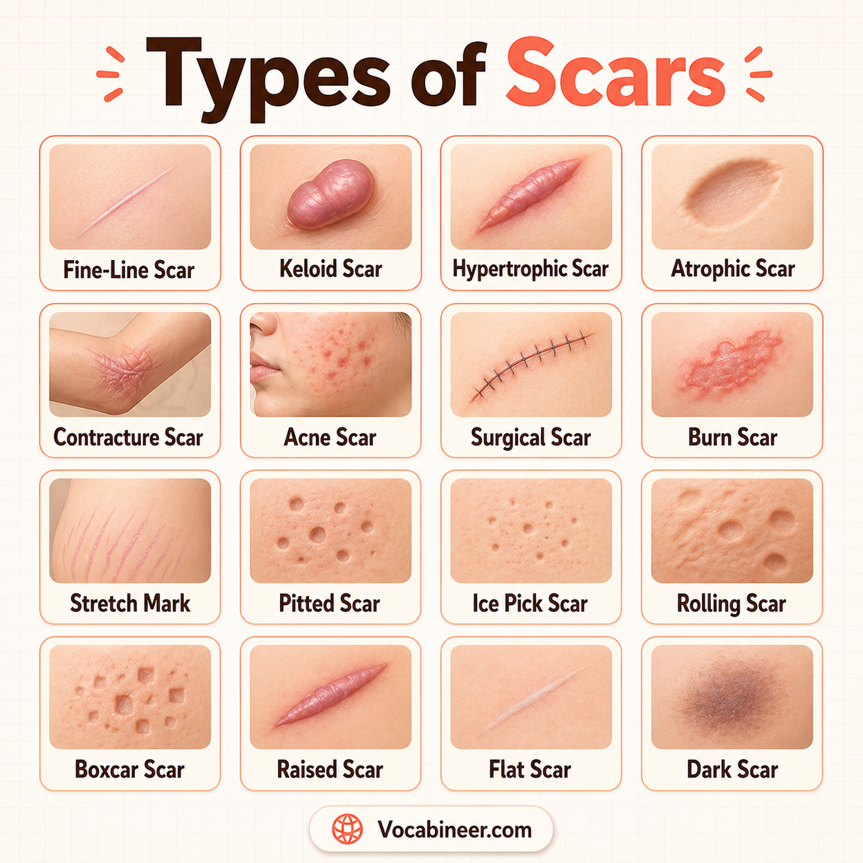 Types of scars showing 40 scar names with pictures, including keloid, hypertrophic, atrophic, acne, burn, surgical, stretch marks, and scar marks.
