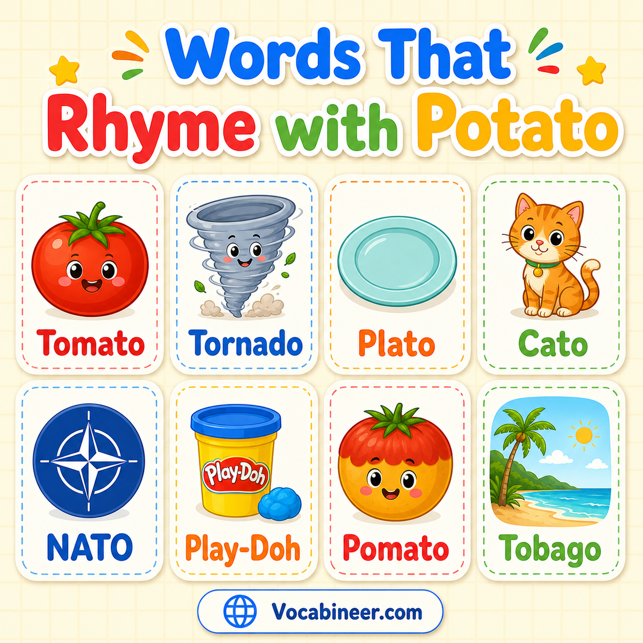 120 creative words that rhyme with potato in English, including food rhymes, name rhymes, place rhymes, and fun examples.