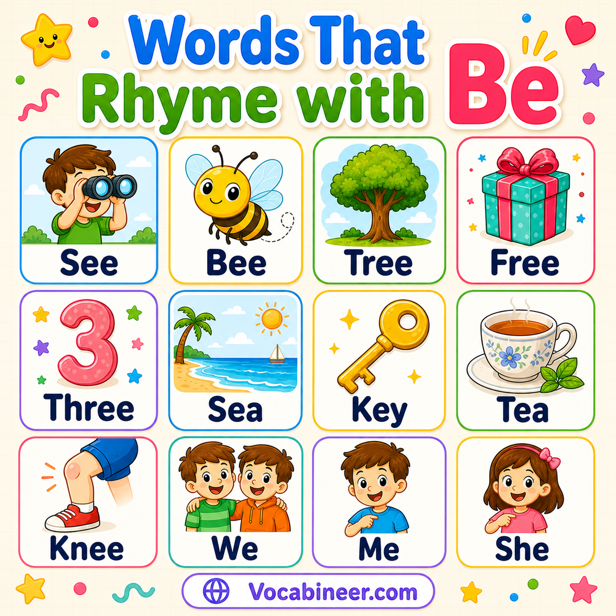 120 useful be rhyming words for poems and songs, including bee, free, see, tree, sea, tea, and key.