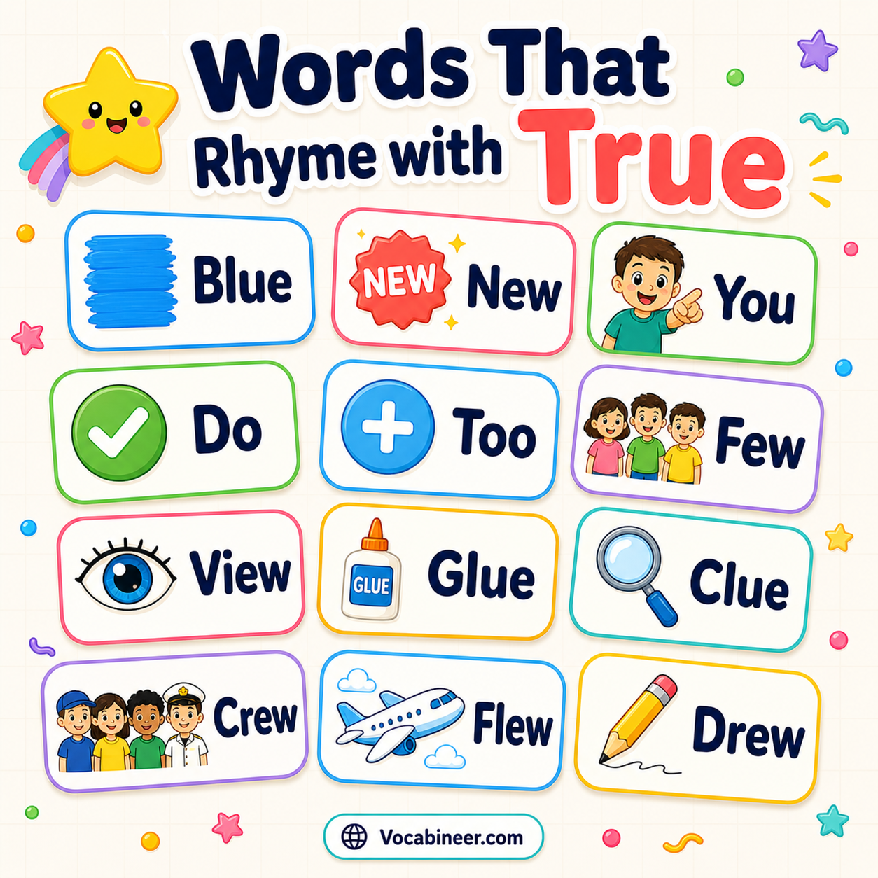 144 useful words that rhyme with true in English, including blue, clue, crew, new, few, shoe, view, and you.