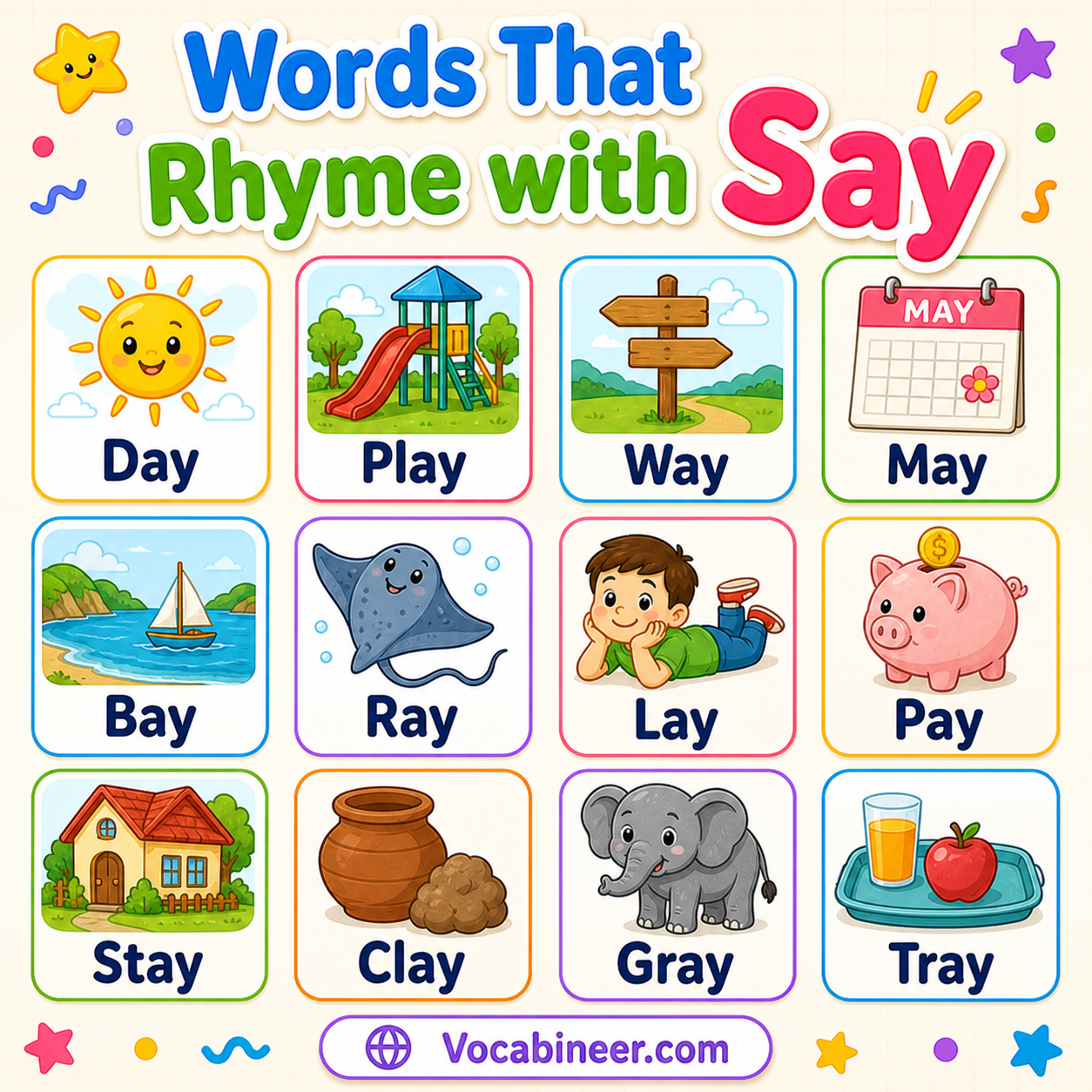 150 simple words that rhyme with say in English, including day, way, play, stay, may, pay, gray, and tray.