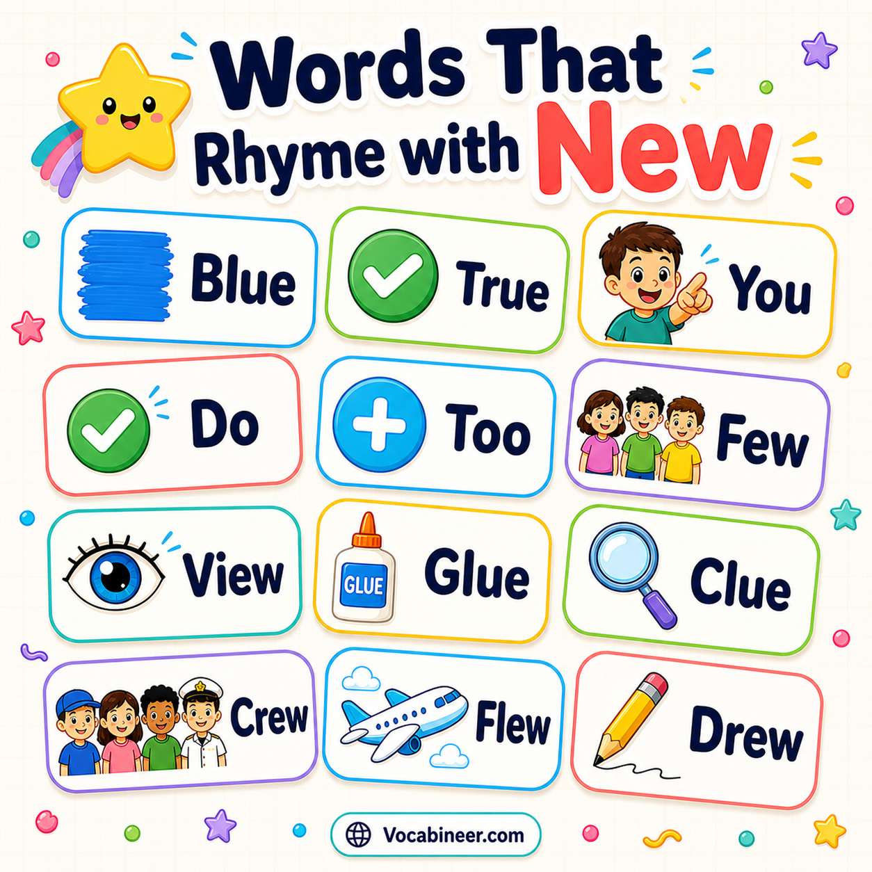188 creative words that rhyme with new in English, including blue, clue, crew, few, shoe, view, and you.