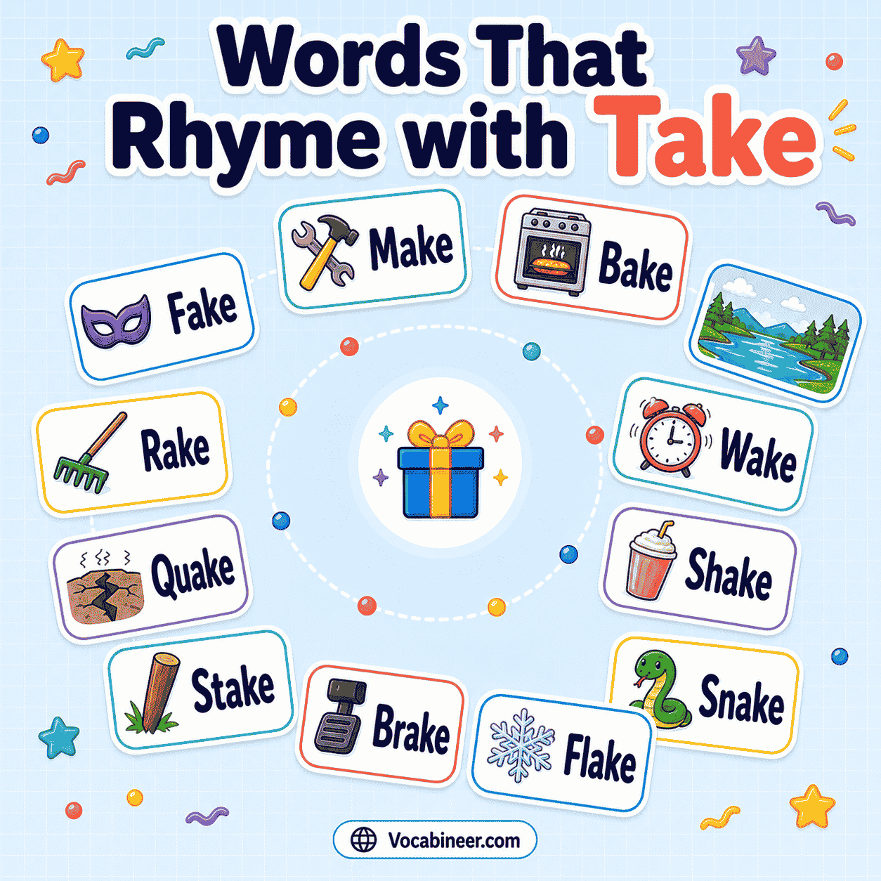 Words that rhyme with take, including make, cake, lake, shake, break, wake, snake, and mistake with phrases and examples.