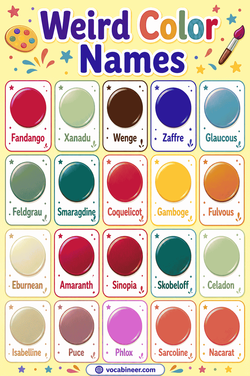 A visual guide to 25 weird color names with simple meanings and picture examples.