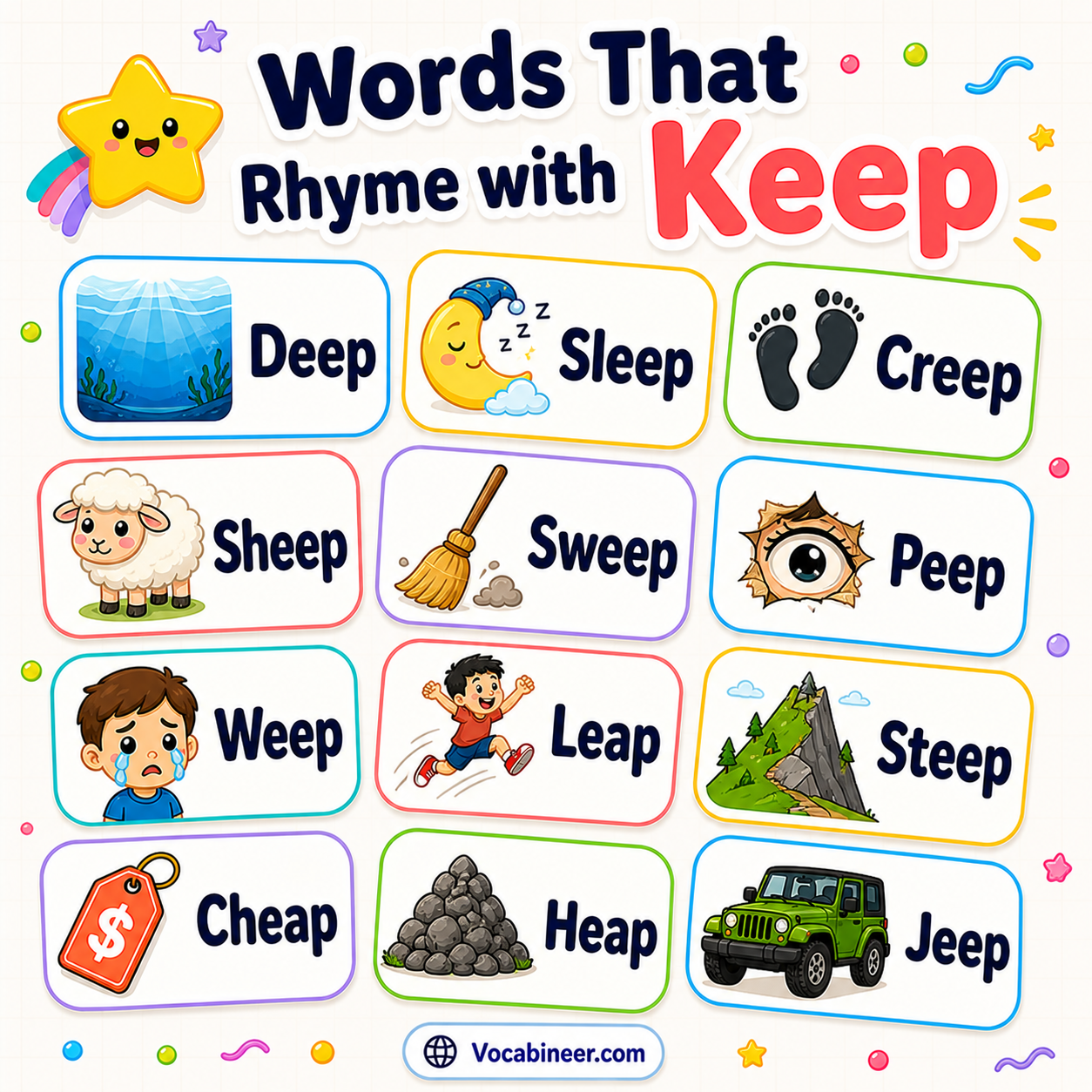 300 meaningful words that rhyme with keep in English, including sleep, deep, sheep, sweep, cheap, leap, and weep.