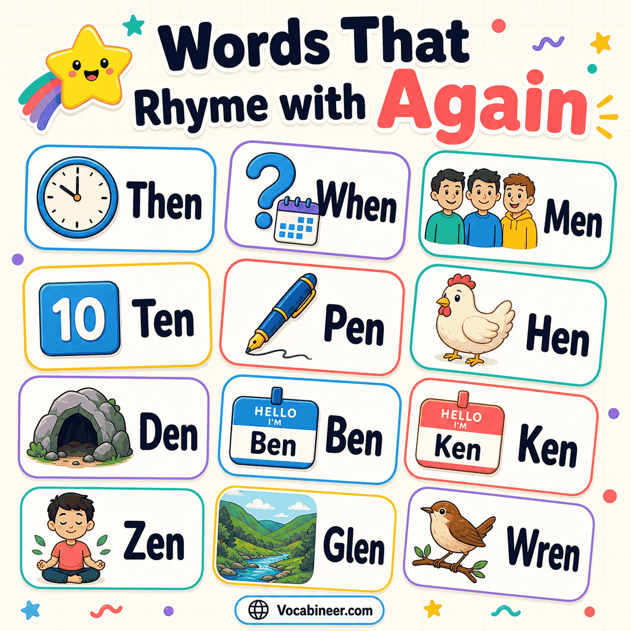 300 useful words that rhyme with again in English, including ten, pen, men, rain, pain, train, remain, and try again.