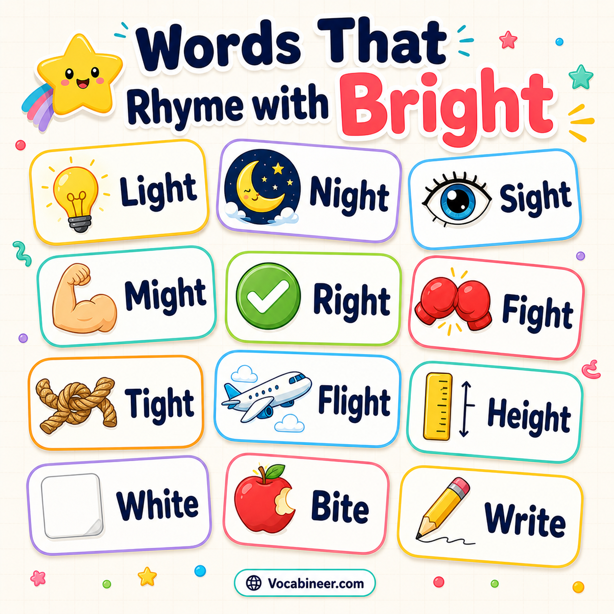 350 creative words that rhyme with bright in English, including light, night, right, sight, white, fight, and flight.