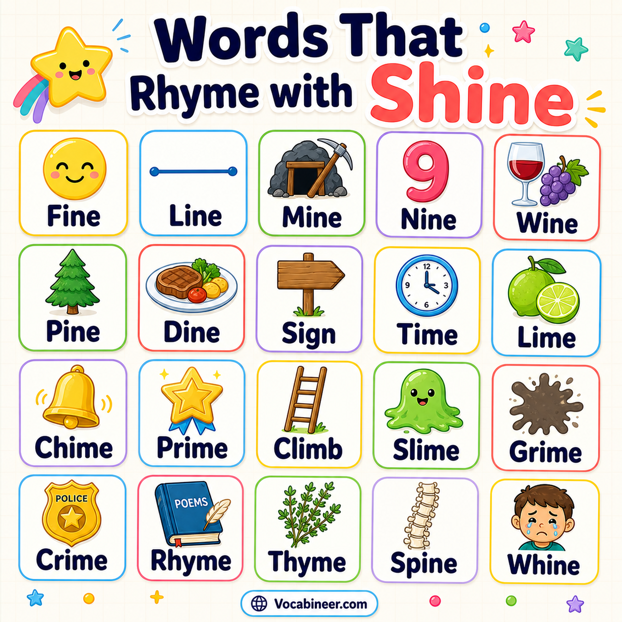 360 inspiring words that rhyme with shine in English, including fine, line, mine, sign, sunshine, and moonshine.