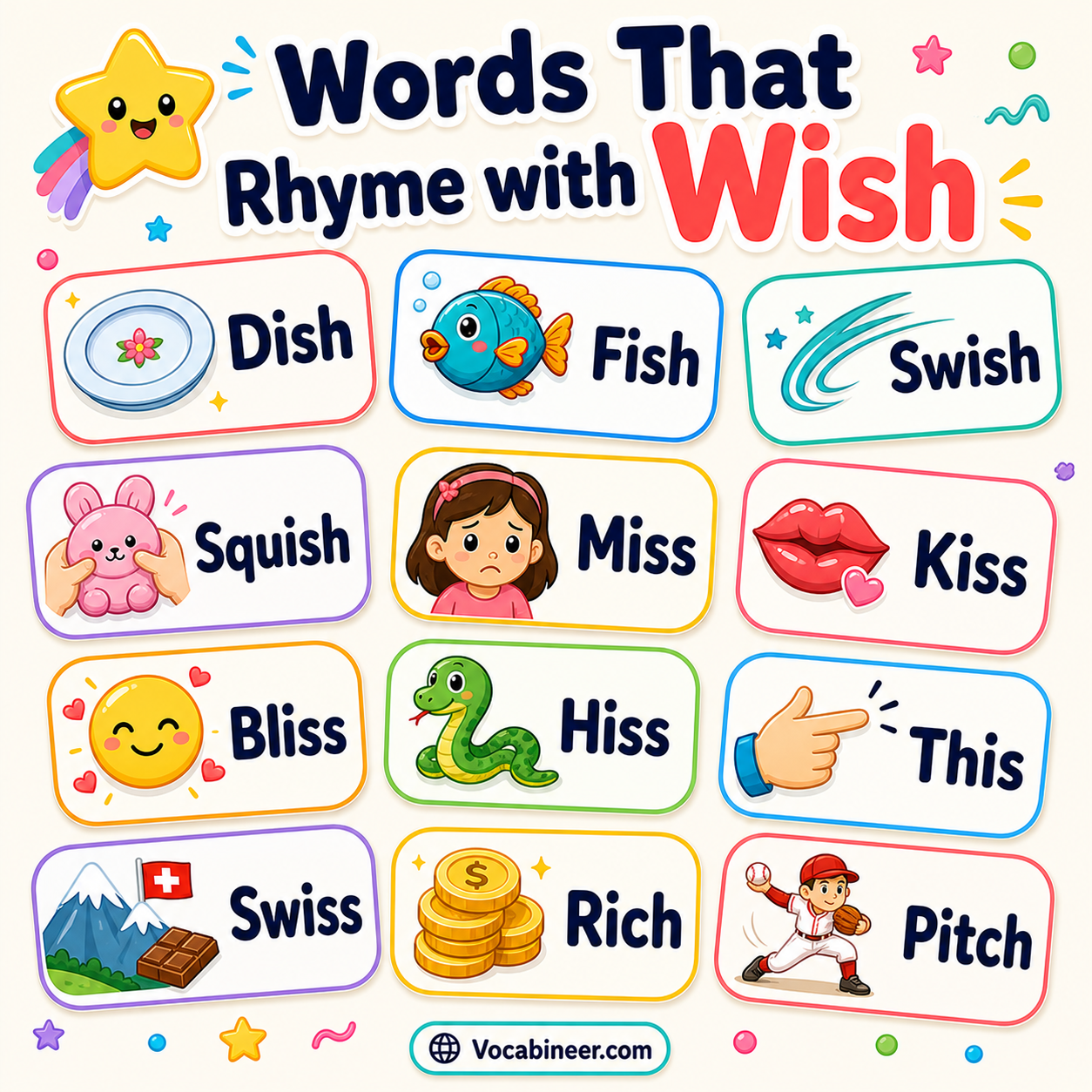 360 magical words that rhyme with wish in English, including dish, fish, swish, squish, goldfish, and starfish.