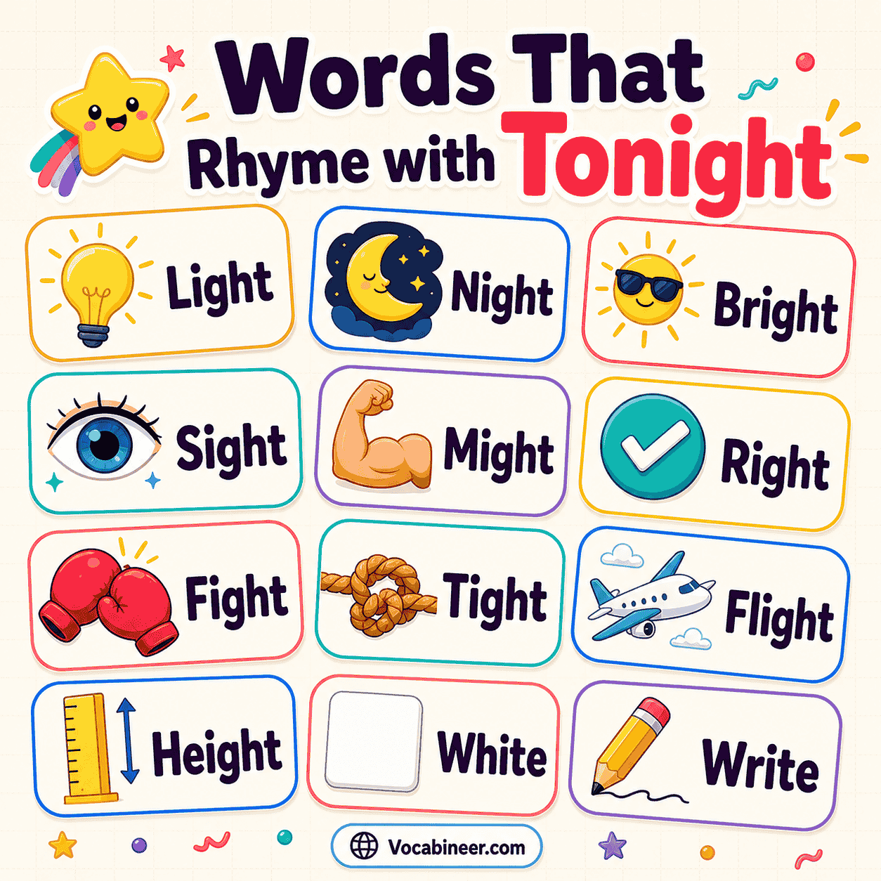 400 lovely words that rhyme with tonight in English, including light, night, bright, right, moonlight, starlight, and twilight.