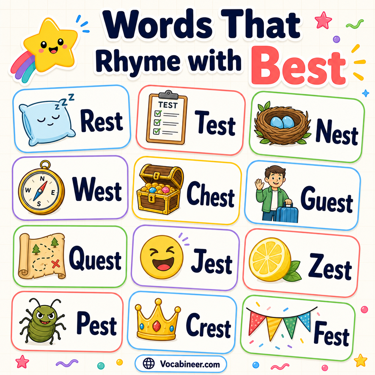 414 powerful words that rhyme with best in English, including rest, test, chest, guest, nest, quest, west, and zest.