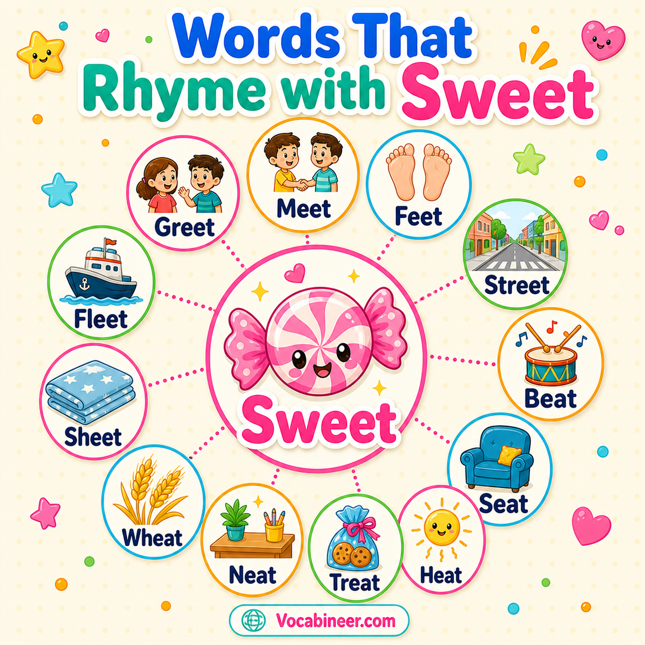 420 lovely words that rhyme with sweet in English, including treat, meet, street, seat, feet, eat, beat, and heat.