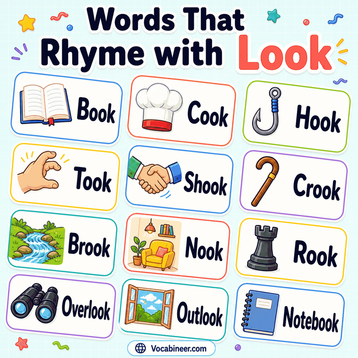 444 words that rhyme with look with meanings, including book, cook, hook, took, brook, nook, crook, and shook.