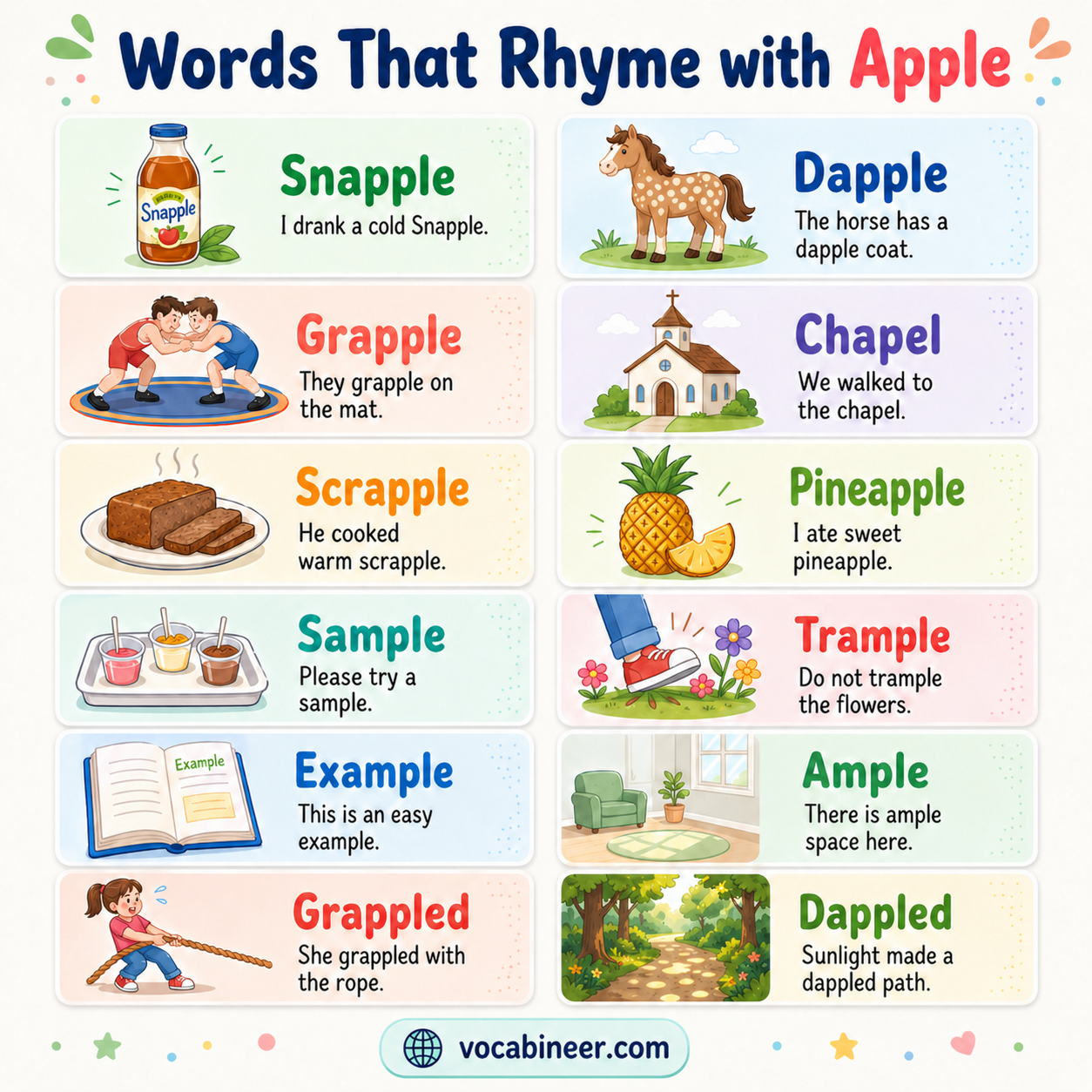 50+ creative rhymes with apple for poems and songs, including close rhymes, near rhymes, and useful examples.